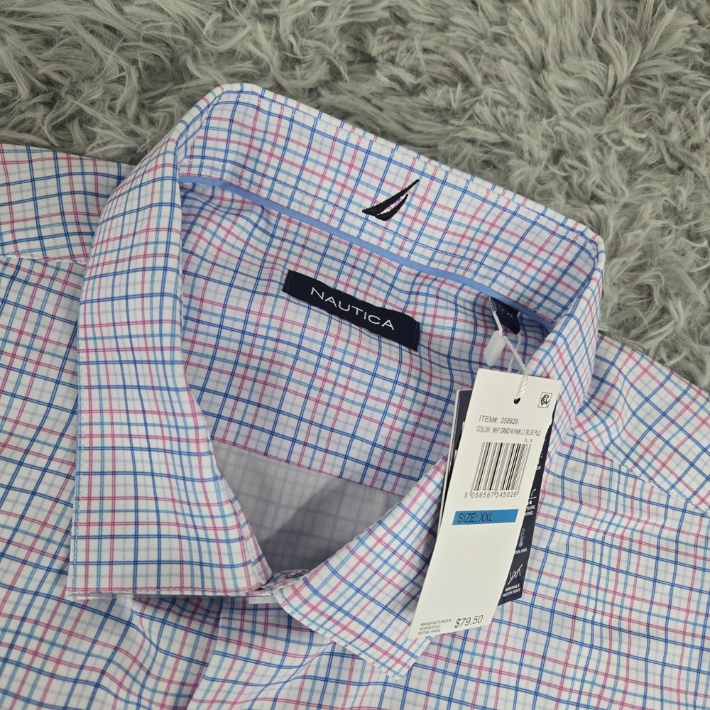 Nautica Men XXL White Pink Light Blue Plaid Performance Short Sleeve Dress Shirt